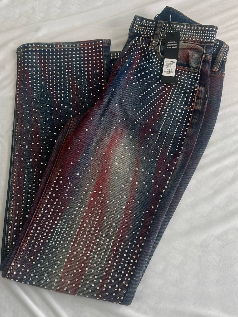 Fashion Nova Blue and Red Ombre Studded Wide-Leg Jeans